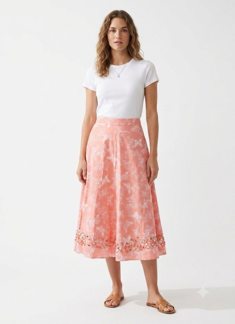 Together Women’s Peach Cotton Butterfly Print Maxi Skirt 10 Sequin Hem Cottageco